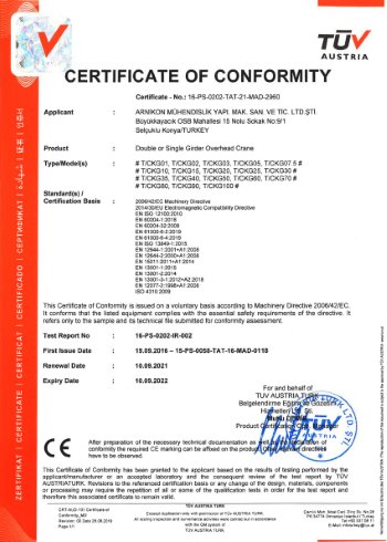CE Overhead Crane Certificate